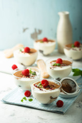 Homemade tiramisu dessert decorated with fresh raspberry and rose petals