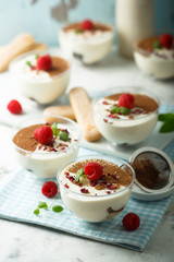 Homemade tiramisu dessert decorated with fresh raspberry and rose petals