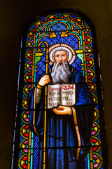 Fototapeta premium Stained glass window, Montserrat monastery on mountain in Barcelona, Catalonia.
