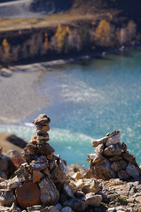 Stone pyramids at Confluence of Chuya and Katun rivers,Altai, Russia.