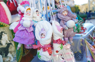 Vintage Christmas toy from Russia. Dolls made of cotton and textiles. Christmas decorations