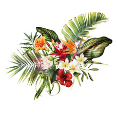 Greeting card with tropical flowers, watercolor, can be used as invitation card for wedding, birthday and other holiday and  summer background