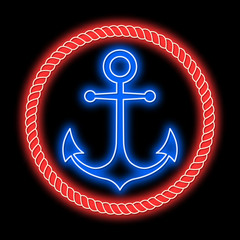 Neon anchor in a rope frame. Blue anchor in red frame on a black background. Isolated In the style of the old school tattoo. Vector illustration.