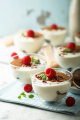 Homemade tiramisu dessert decorated with fresh raspberry and rose petals
