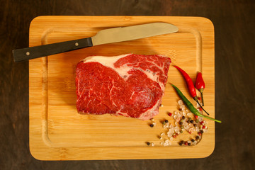 beef steak Grilled with spices (piece of meat). Top view with copy space