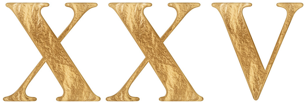 Roman numeral XXV, quinque et viginti, 25, twenty five, isolated on white background, 3d render