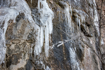 Ice on the rock, Montserrat monastery on mountain in Barcelona, Catalonia.