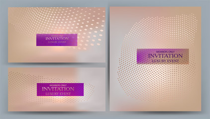 Beautiful beige invitation cards with halfton effect background element. Vector illustration