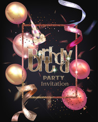 Birthday party invitation card with realistic beautiful curly gold ribbon, confetti and air balloons. Vector illustration 