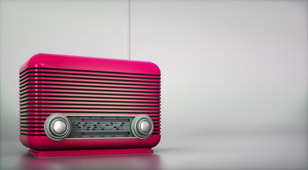 Pink vintage radio receiver on empty background 3d illustration
