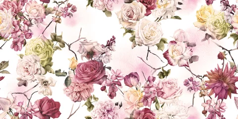 Photo sur Plexiglas Roses Motif floral sans couture, aquarelle.