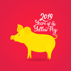 Fototapeta na wymiar Year of the Yellow Pig 2019 hand drawn text. Piglet.