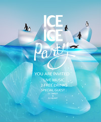 Ice party banner with ice rock pieces and penguins. Vector illustration