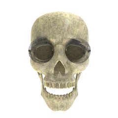 Old human skull wearing glasses 3d rendering