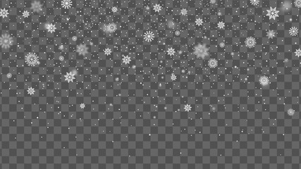 Christmas background with falling snow. Snowflake on transparent background. Winter holiday pattern. Vector illustration