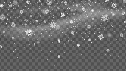 Christmas background with falling snow. Snowflake on transparent background. Winter holiday pattern. Vector illustration