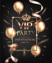 VIP invitation card with realistic beautiful curly gold ribbon, confetti and air balloons. Vector illustration elements. Vector illustration [Converted]