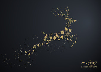 gold snowflake and decoration look like reindeer on black background,merry christmas ,happy new year. © TogsDesign