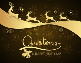 reindeers running on gold ribbin, Banner premium black gold,happy new year