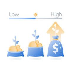 Open bag with gold coins and plant stem, fast finance growth, revenue increase, earn more money, invest fund, wealth management