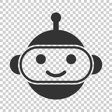 Cute robot chatbot icon in flat style. Bot operator vector illustration on isolated background. Smart chatbot character business concept.