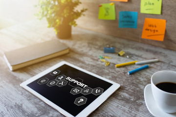 Technical support icons on screen. Call to help center. Internet and technology concept.