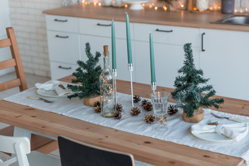 Interior light kitchen with christmas decor and tree