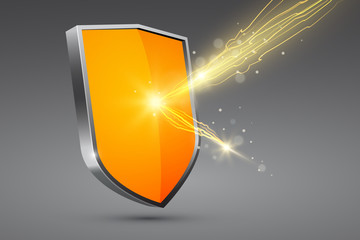 Yellow shield with lightning, firewall concept, vector illustration