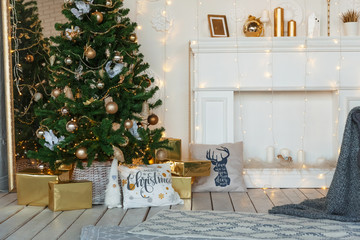 White room decorated for Christmas and New Year eve