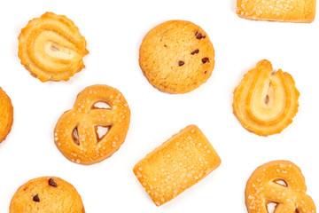 An overhead photo of Danish butter cookies on a white background