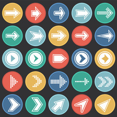 Arrows icons set with outline on color circles black background icons