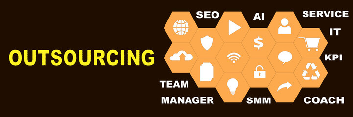 OUTSOURCING Panoramic Hi tech banner with hexagons icons and tags