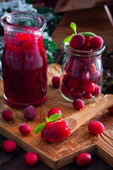 Cranberry Sauce on a wooden board, selective focus