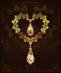 golden decor heart with jewelry pebbles diamonds on a floral background with art deco ornament
