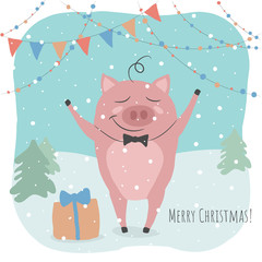 A cute pig is greeting New Year and Christmas.Beautiful winter illustration. Perfect for kids cards, posters, banners, book illustration and other design projects. Vector eps10.