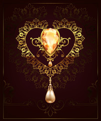 golden decor heart with jewelry pebbles diamonds on a floral background with art deco ornament