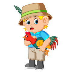 Young man carrying a rooster
