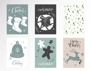 Christmas kraft paper cards and gift tags set, hand drawn style. Vector illustration.