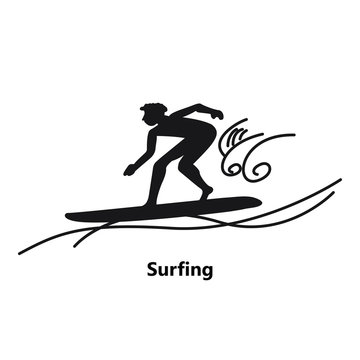 surfer and surfboard black fill on white background with waves text