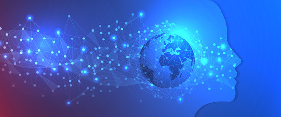 Artificial intelligence. Big data learning. Abstract global technology with Human head. Futuristic virtual technology concept background. Vector illustration.