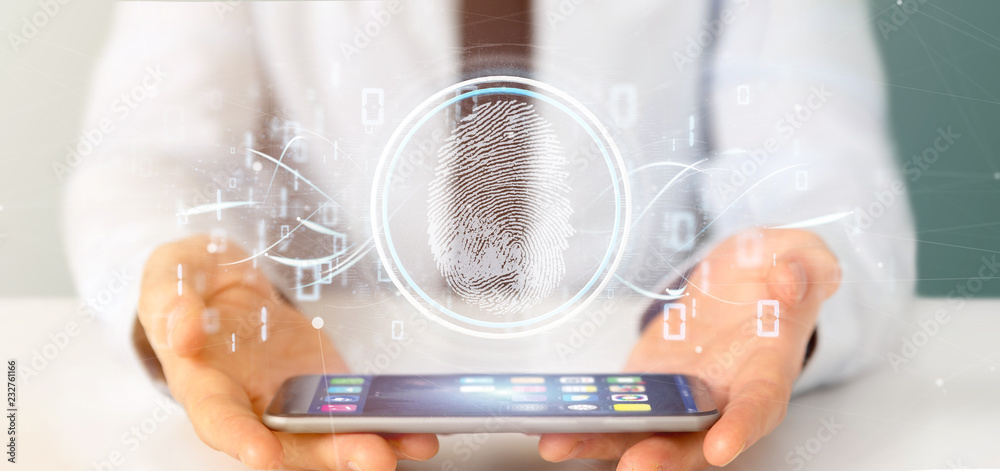 Poster businessman holding a digital fingerprint identification and binary code 3d rendering