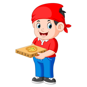 cheerful guy from delivery service in red t-shirt and holding pizza boxes