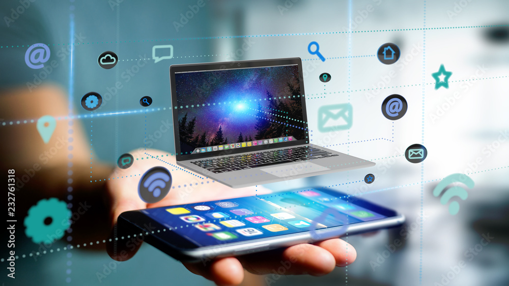 Poster businessman using a smartphone with a computer surrounding by app and social icon - 3d render