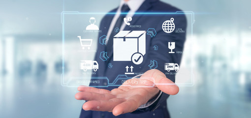 Businessman holding a logistic delivery application screen 3d rendering