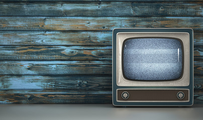 Retro tv receiver on dirty wood wall background 3d illustration