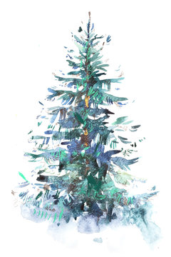 Decorated christmas tree New year Watercolor illustration Water color drawing