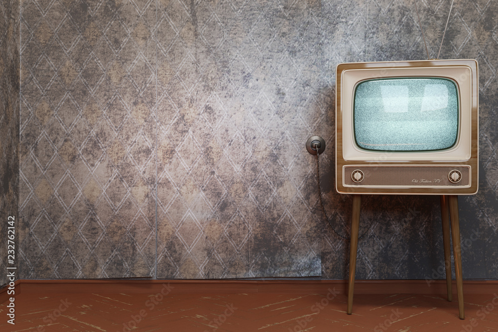 Wall mural retro tv receiver on dirty wallpaper background 3d illustration