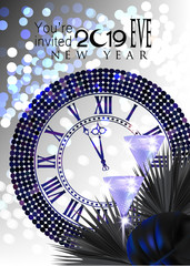 New year eve invitation card with clock and christmas deco objects