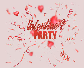 Red levitating hearts and serpentine. Vector illustration. Valentines Day