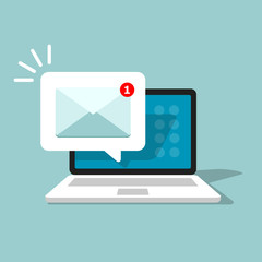 Email alert in laptop. Message on computer screen. Notification vector concept. Vector illustration in flat style.